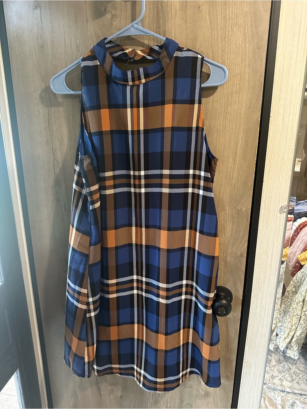 Sandy & Sid Navy Rust Plaid Shift Dress Size M Sleeveless Fall
